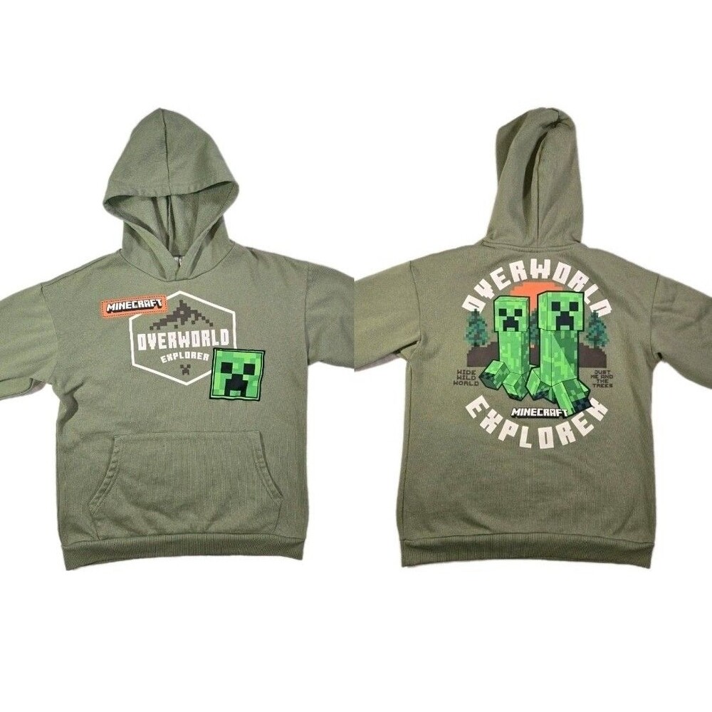 Boys Minecraft Creeper Green Pullover Hoodie Fleece Graphic Print Size 14/16